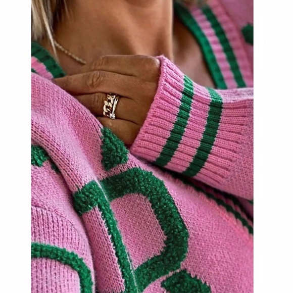 Pink Knit Cardigan Green Terrycloth Pattern Button Down - Picture 4 of 6